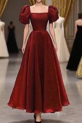 Burgundy A-line Satin Vintage Women Dresses Long Evening Prom Dresses