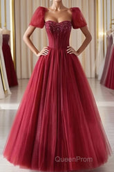 Burgundy A line tulle beads long Evening Prom Dresses burgundy formal Dresses