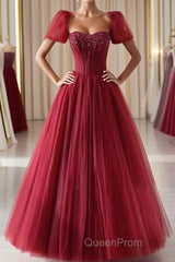 Burgundy A line tulle beads long Evening Prom Dresses burgundy formal Dresses