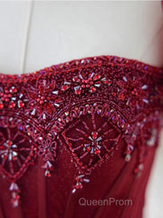 Burgundy A line tulle beads long Evening Prom Dresses burgundy formal Dresses