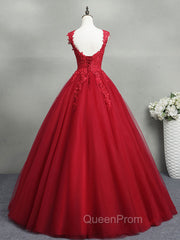 Burgundy A-Line Tulle Lace Long Evening Prom Dresses, Burgundy Evening Dresses