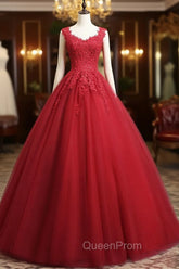 Burgundy A-Line Tulle Lace Long Evening Prom Dresses, Burgundy Evening Dresses
