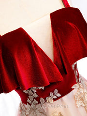 Burgundy A-line Tulle Lace Long Evening Prom Dresses Tulle Evening Dresses