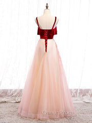 Burgundy A-line Tulle Lace Long Evening Prom Dresses Tulle Evening Dresses