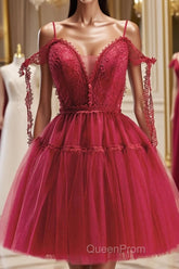 Burgundy A-Line Tulle Lace Short Evening Prom Dresses, Burgundy Homecoming Dresses