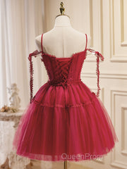 Burgundy A-Line Tulle Lace Short Evening Prom Dresses, Burgundy Homecoming Dresses