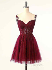 Burgundy A-Line Tulle Lace Short Evening Prom Dresses, Cute Burgundy Homecoming Dresses