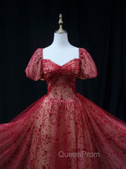 Burgundy A line Tulle Sequin Long Evening Prom Dresses Burgundy Tulle Evening Dresses