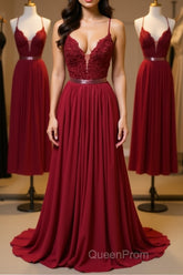 Burgundy A Line V Neck Backless Lace Tulle Long Evening Prom Dresses, Burgundy Lace Formal Dresses, Burgundy Evening Dresses