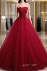 Burgundy Aline Tulle Beads Long Evening Prom Dresses, Burgundy Evening Dresses