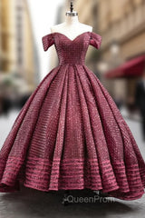 Burgundy Ball Gown Sequins Off the Shoulder Evening Prom Dresses