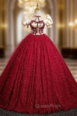 Burgundy Ball Gown Puff Sleeve Quinceanera Dresses