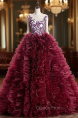 Burgundy Ball Gown Ruffles Beading Crystal Wedding Dresses