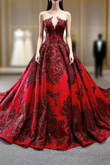 Burgundy Ball Gown Satin Sequins Appliques Cap Sleeve Evening Prom Dresses With Long Train