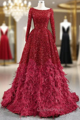Burgundy Ball Gown Sequins Long Sleeve Feather Evening Prom Dresses
