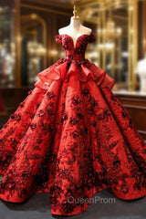 Burgundy Ball Gown Sequins Off the Shoulder 3D Flower Haute Couture Evening Prom Dresses