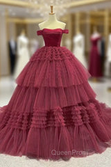 Burgundy Ball Gown Tulle Off the Shoulder Pleats Evening Prom Dresses