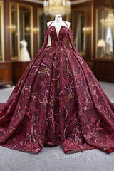 Burgundy Ball Gown Tulle Sequins Long Sleeve Evening Prom Dresses