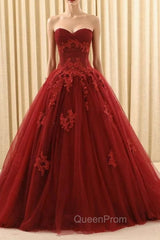 Burgundy Ball Gown Tulle Sweetheart Appliques Wedding Dresses