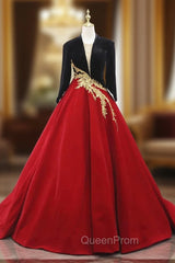 Burgundy Black Velvet Long Sleeve Beading Evening Prom Dresses