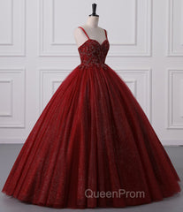 Burgundy Bling Tulle Ball gowns Long Evening Prom Dresses with Embroidered Sequins