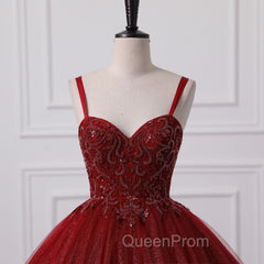 Burgundy Bling Tulle Ball gowns Long Evening Prom Dresses with Embroidered Sequins