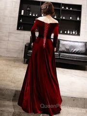 Burgundy Classic Evening Dresses Velvet Long Sleeve Off Shoulder Evening Prom Dresses