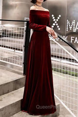 Burgundy Classic Evening Dresses Velvet Long Sleeve Off Shoulder Evening Prom Dresses