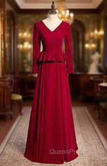 Burgundy Deep V-neck Long Sleeve Evening Prom Dresses