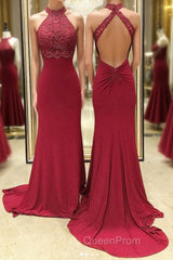 Burgundy high neck lace mermaid long Evening Prom Dresses, lace evening Dresses