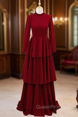 Burgundy High Neck Long Sleeve Evening Prom Dresses