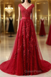 Burgundy Lace Evening Prom Dresses with Train, Wine Red Lace Formal Evening Dresses