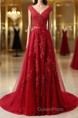 Burgundy Lace Evening Prom Dresses with Train, Wine Red Lace Formal Evening Dresses