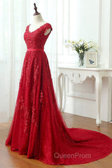 Burgundy Lace Evening Prom Dresses with Train, Wine Red Lace Formal Evening Dresses