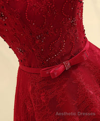 Burgundy Line Lace Long Prom Dress, Burgundy Evening Dress