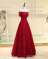 Burgundy Line Lace Long Prom Dress, Burgundy Evening Dress
