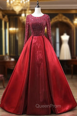 Burgundy Long Sleeve Beading Evening Prom Dresses