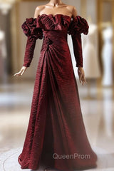 Burgundy Long Sleeve Pleats Evening Prom Dresses