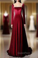 Burgundy Long Sleeve Velvet Beading Evening Prom Dresses