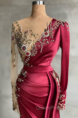Burgundy Long Sleeves Mermaid Evening Prom Dresses With Beadings