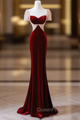 Burgundy Memraid Velvet Short Sleeve Beading Evening Prom Dresses
