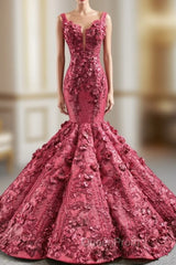 Burgundy Mermaid 3D Appliques Beading Straps Evening Prom Dresses