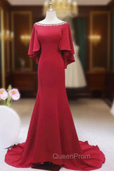 Burgundy Mermaid Bateau Beading Evening Prom Dresses