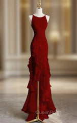 Burgundy Mermaid Halter Evening Prom Dresses