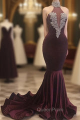 Burgundy Mermaid High Neck Velvet Evening Prom Dresses