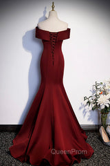 Burgundy Mermaid Long Evening Prom Dresses, Off the Shoulder V-Neck Evening Dresses