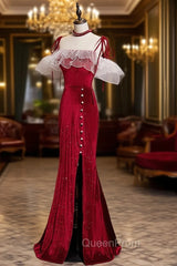 Burgundy Mermaid Long Evening Prom Dresses, Velvet Long Evening Dresses