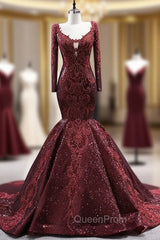 Burgundy Mermaid Long Sleeve V-neck Appliques Evening Prom Dresses
