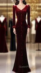 Burgundy Mermaid Long Sleeve Velvet Evening Prom Dresses