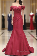Burgundy Mermaid Satin Off the Shoulder Pleats Evening Prom Dresses